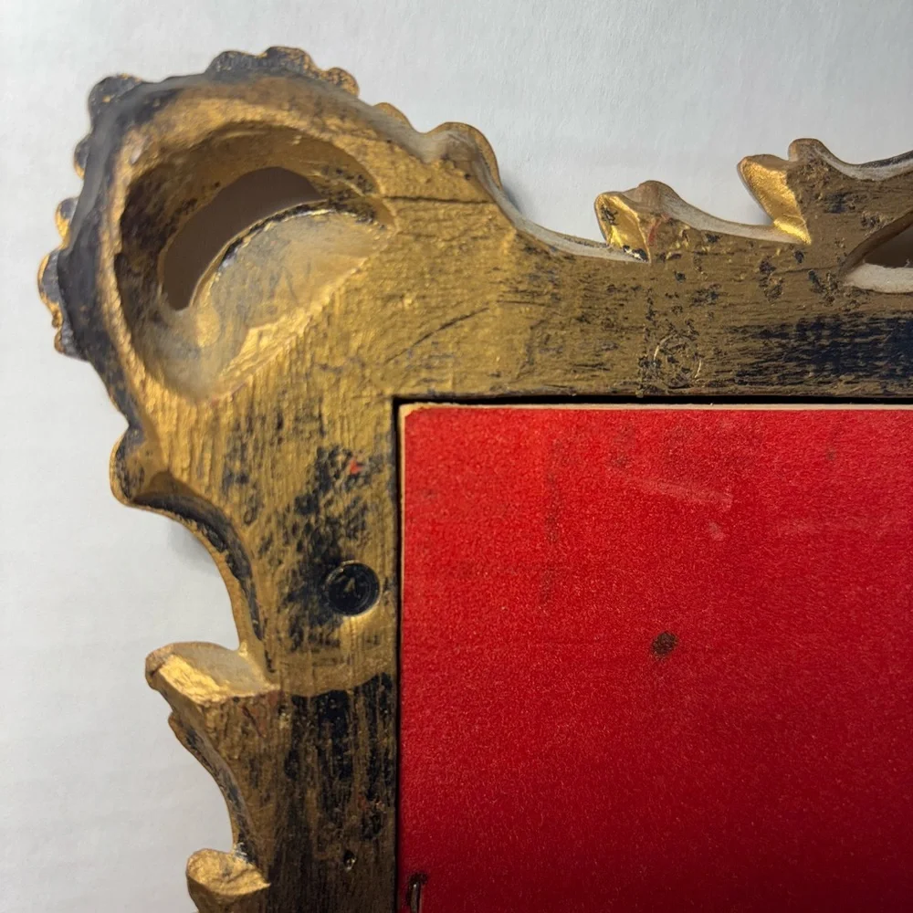 VTG Ornately Framed Schooner Ship Italy Red Velvet Matte Wall Hanging Goldtone